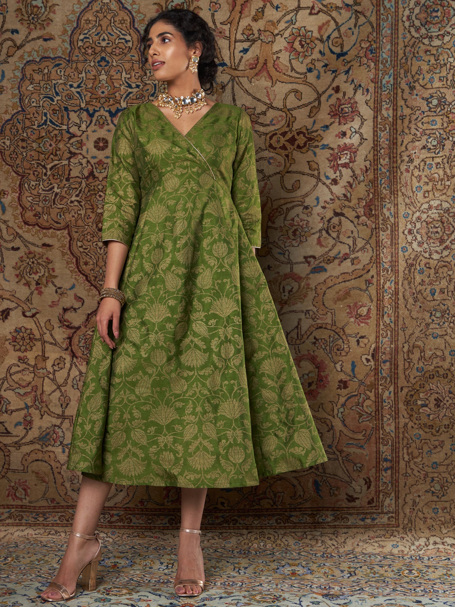 Green Brocade Floral Anarkali Dress-Shae by SASSAFRAS