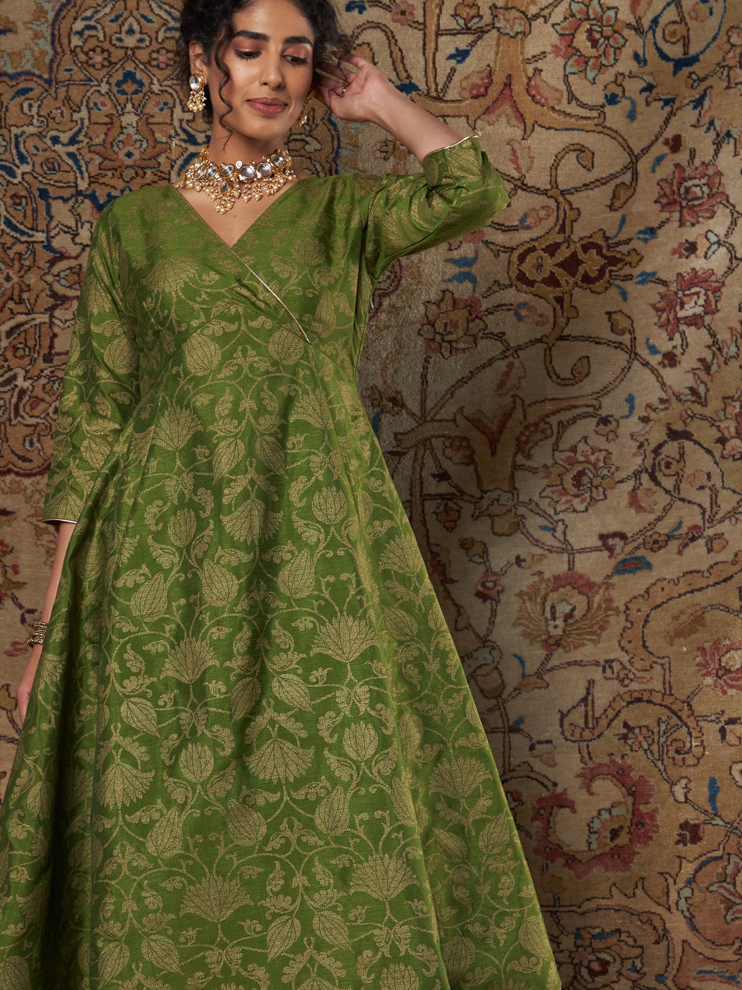 Women Green Brocade Floral Anarkali Dress