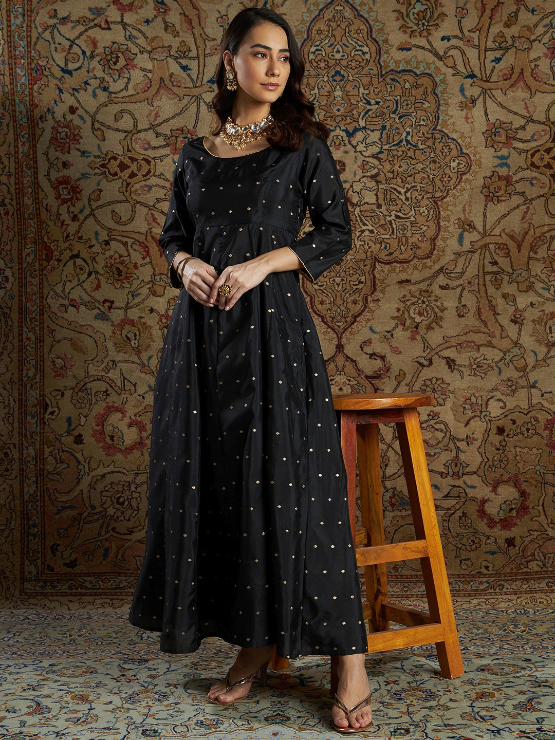 Black Jacquard Anarkali Maxi Dress-Shae by SASSAFRAS