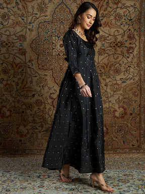 Women Black Jacquard Anarkali Maxi Dress