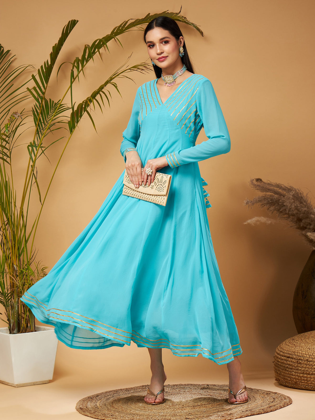 Blue Gota Lace Detail Anarkali Maxi Dress-Shae by SASSAFRAS