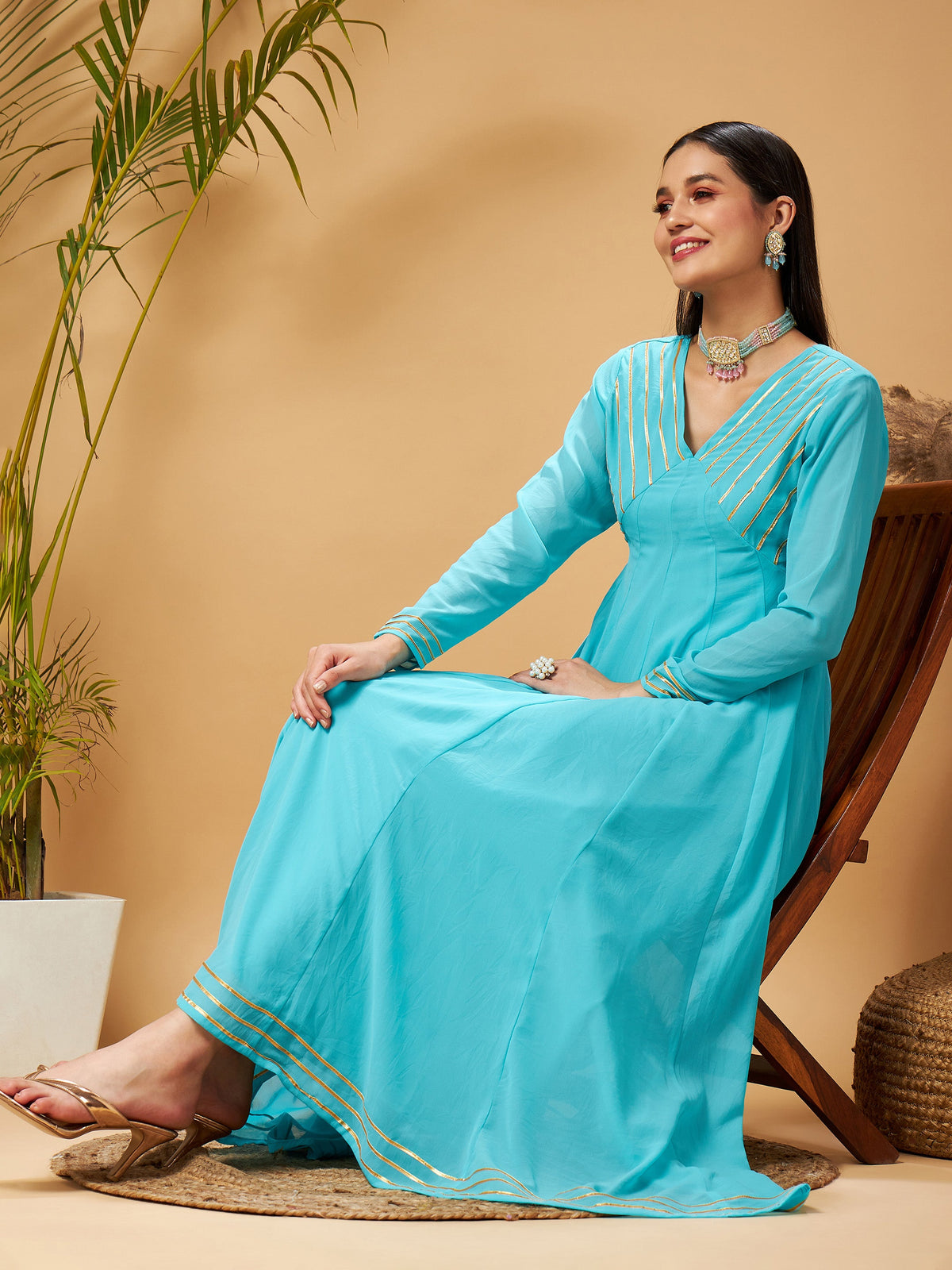 Blue Gota Lace Detail Anarkali Maxi Dress-Shae by SASSAFRAS