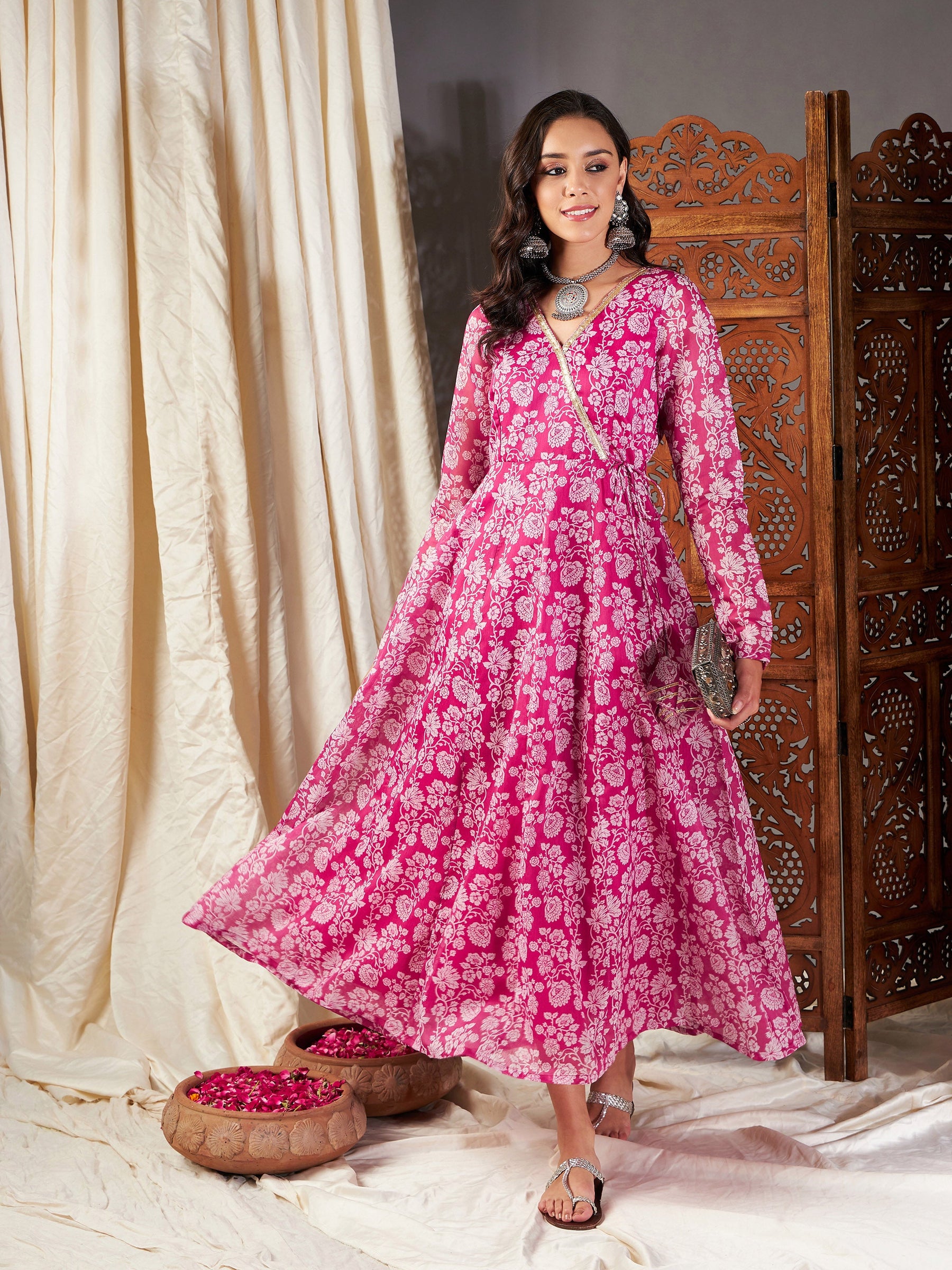 Women Pink Floral Wrap Anarkali Dress - Main Image