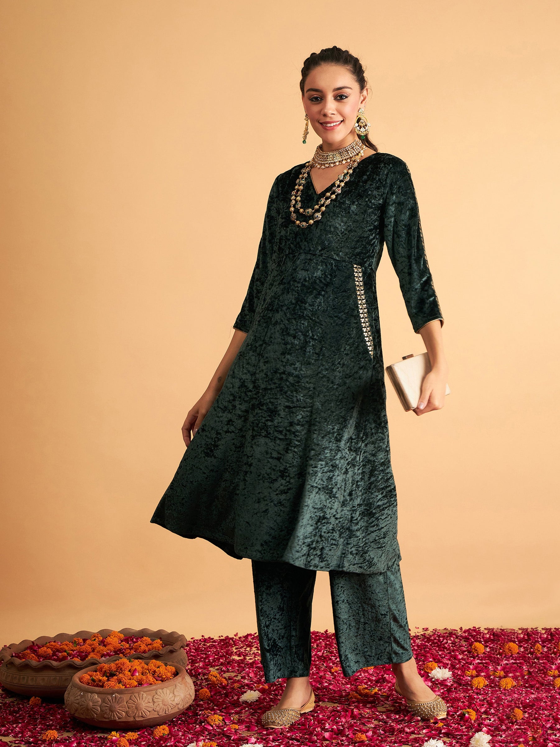 Buy Emerald Velvet Embroidered Pocket Anarkali Dress Online At
