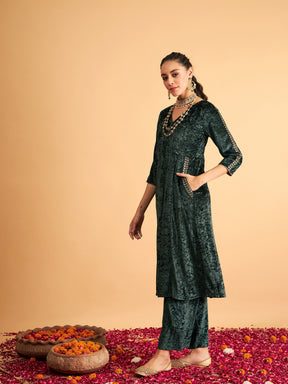 Emerald Velvet Embroidered Pocket Anarkali Dress-Shae by SASSAFRAS