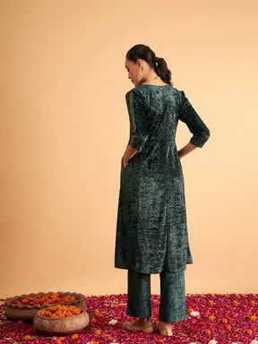 Emerald Velvet Embroidered Pocket Anarkali Dress-Shae by SASSAFRAS