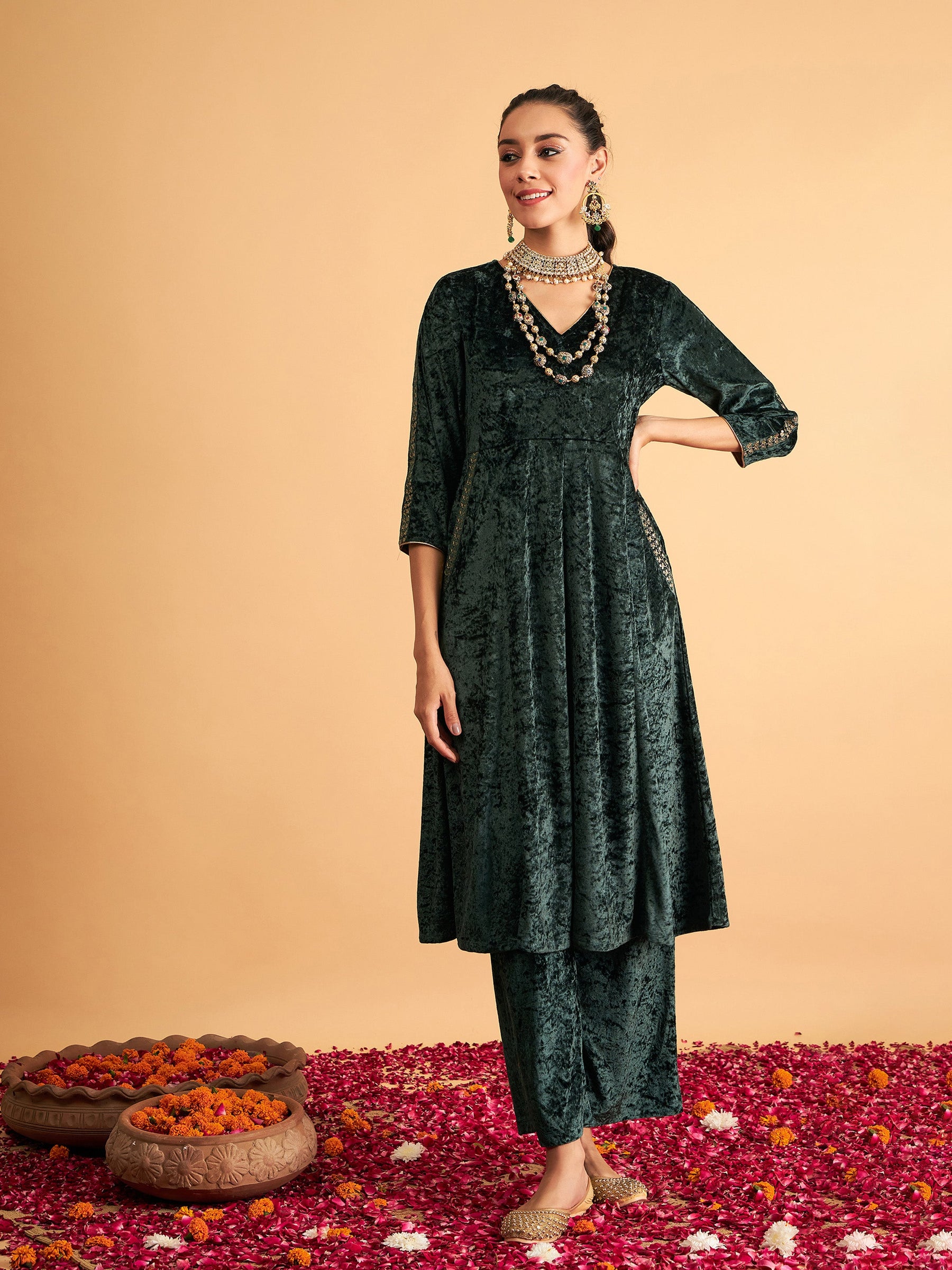 Emerald Velvet Embroidered Pocket Anarkali Dress-Shae by SASSAFRAS