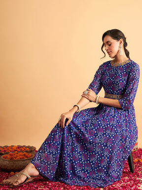 Royal Blue & White Bandhej Anarkali Dress-Shae by SASSAFRAS