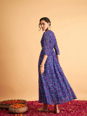 Royal Blue & White Bandhej Anarkali Dress-Shae by SASSAFRAS