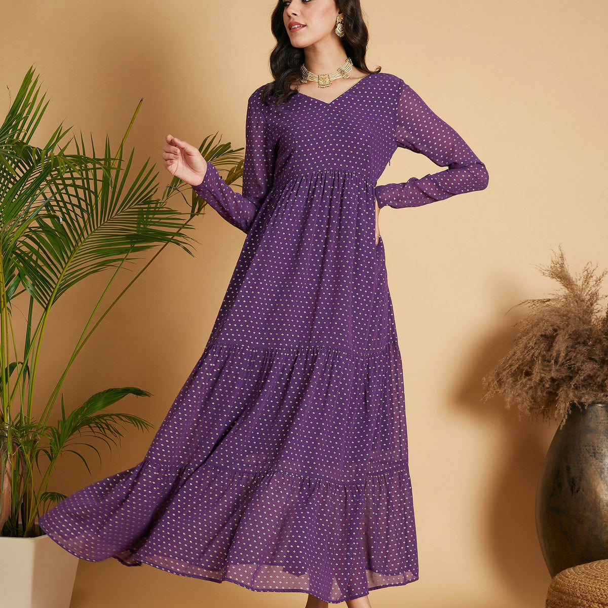 Women Purple Dot Foil Print Tiered Maxi Dress