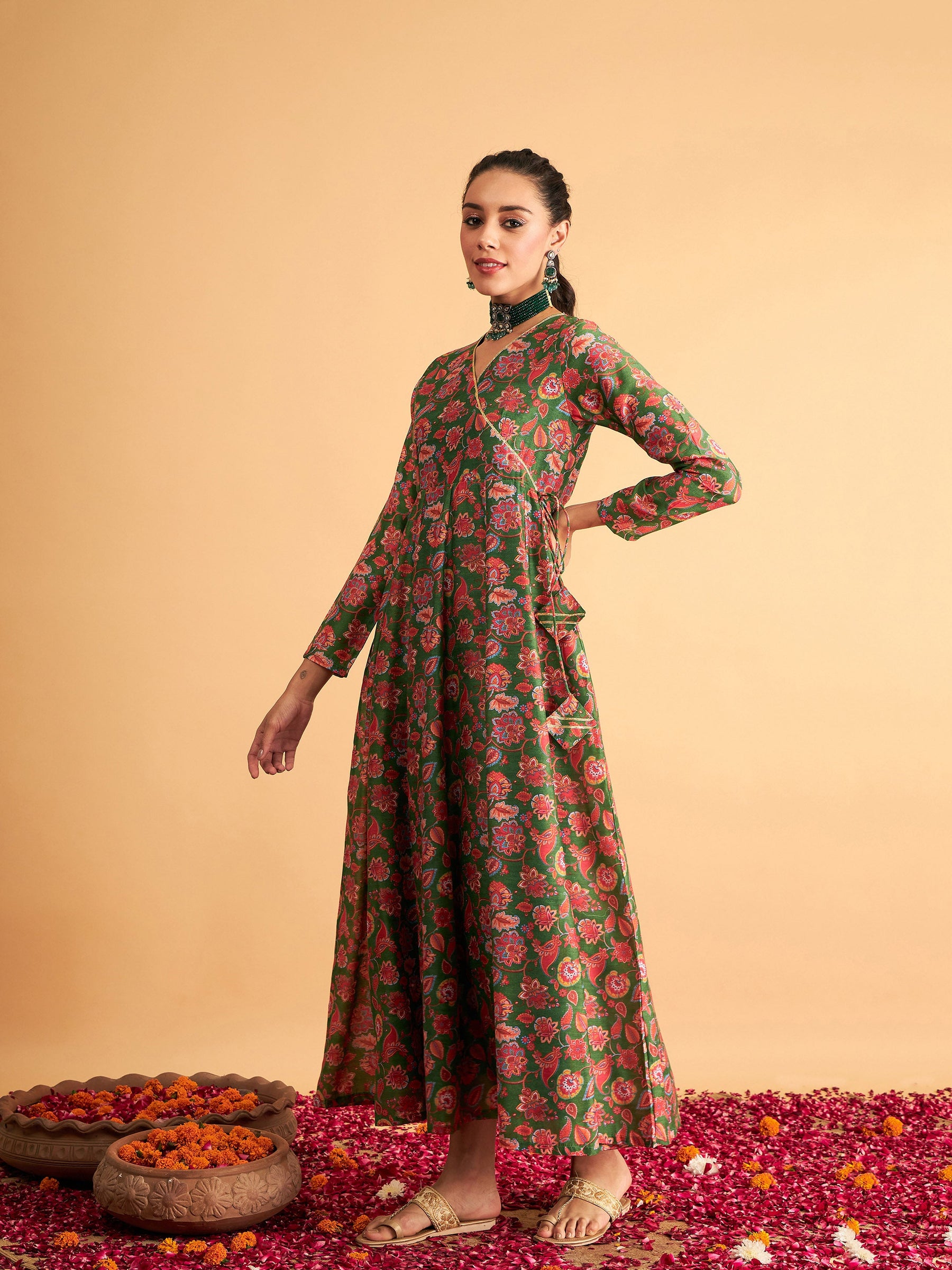 Green Floral Wrap Anarkali Maxi Dress-Shae by SASSAFRAS