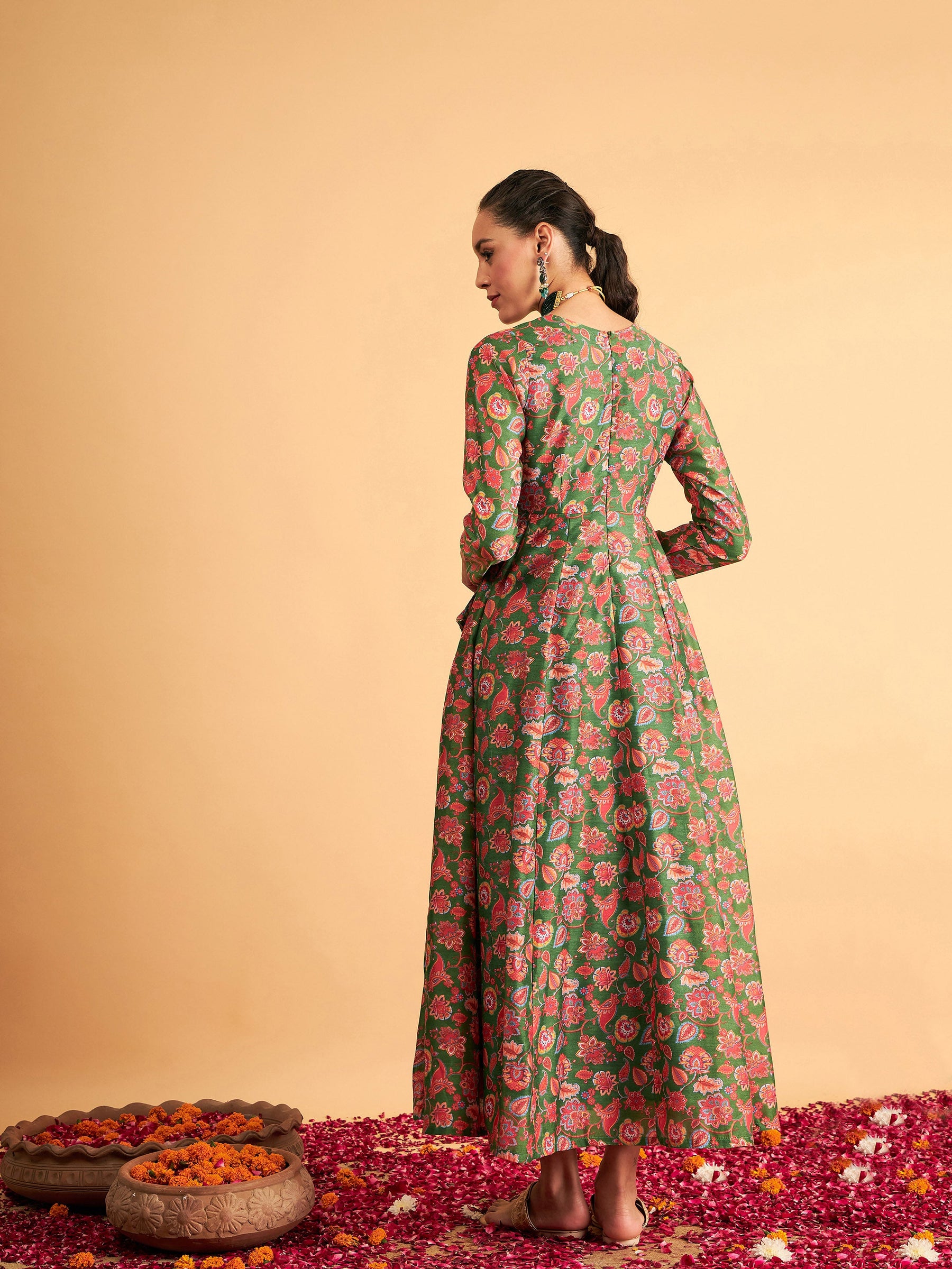 Green Floral Wrap Anarkali Maxi Dress-Shae by SASSAFRAS