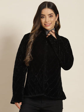 Black Velvet Full Sleeve Quilted Jacket-Shae by SASSAFRAS