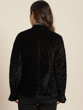 Women Black Velvet Full Sleeve Quilted Jacket