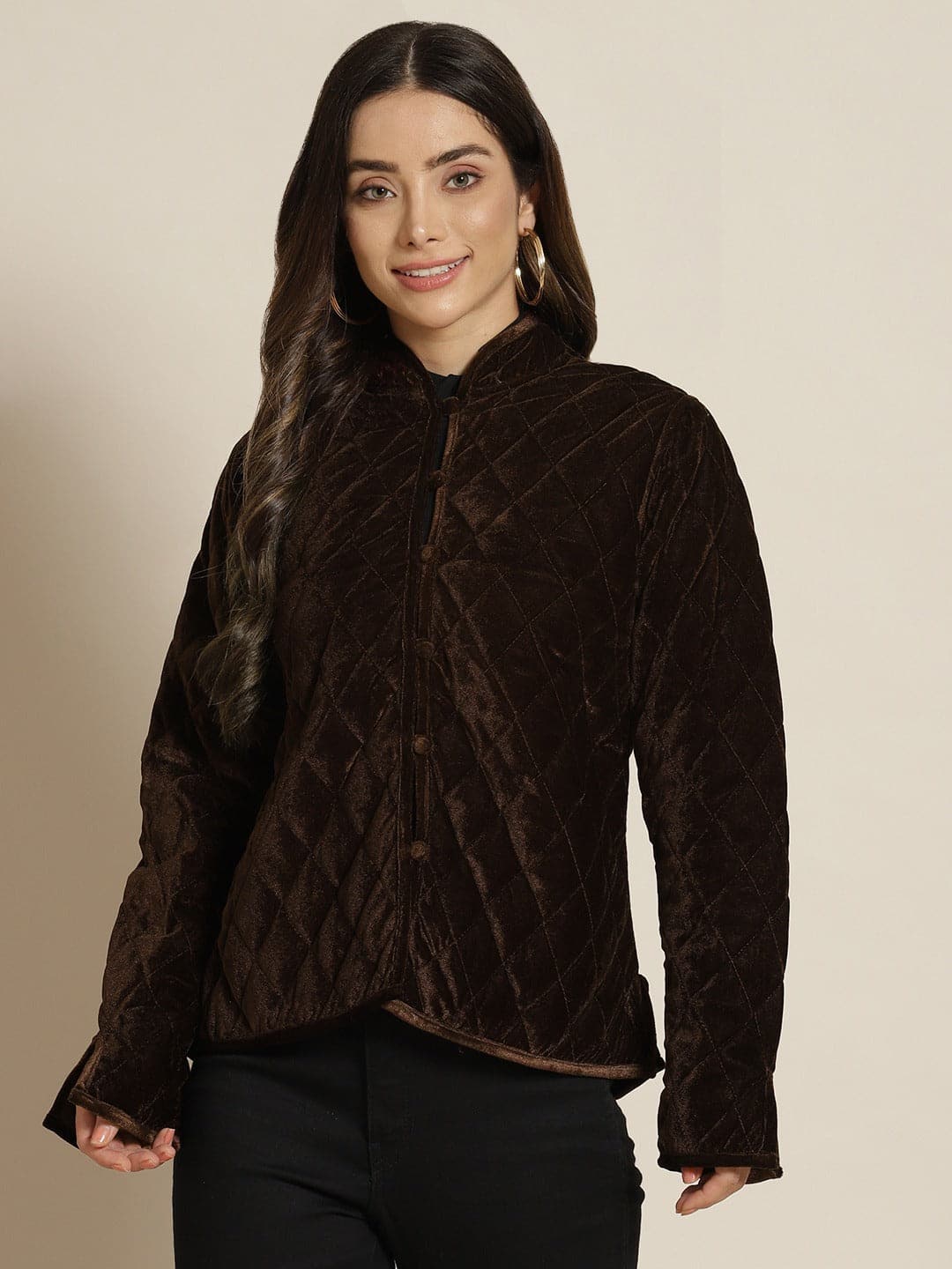 Brown Velvet Full Sleeve Quilted Jacket-Shae by SASSAFRAS