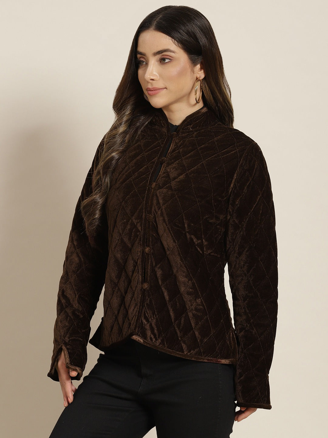 Women Brown Velvet Full Sleeve Quilted Jacket