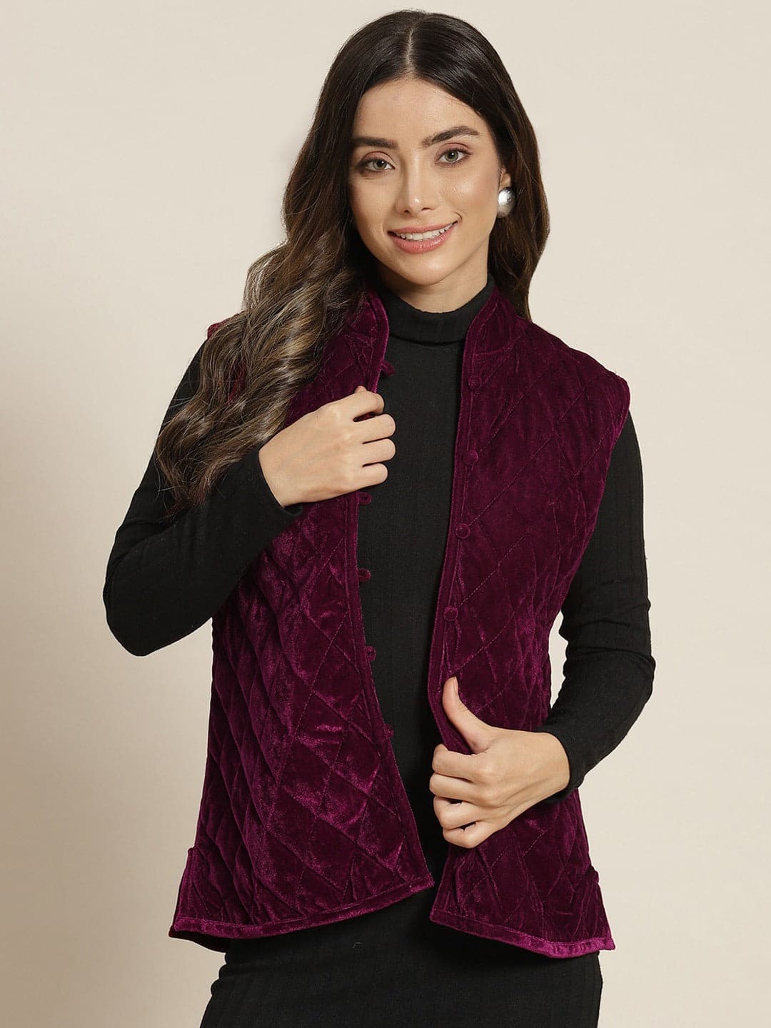 Burgundy Velvet Sleeveless Quilted Jacket-Shae by SASSAFRAS