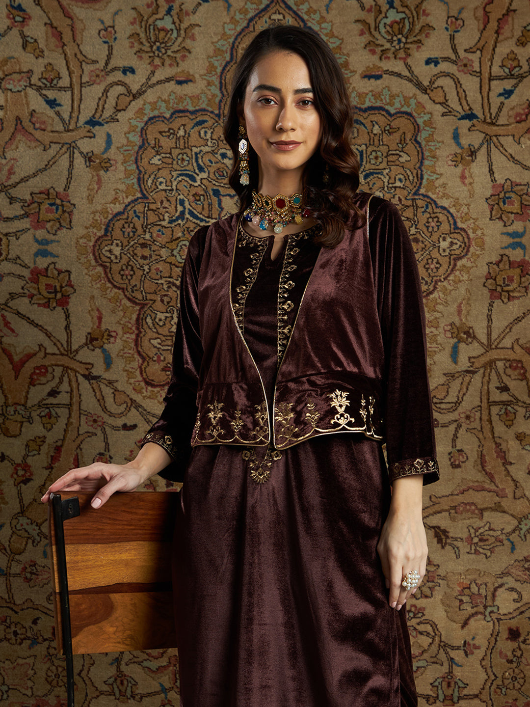Brown Velvet Zari Embroidered Waistcoat-Shae by SASSAFRAS