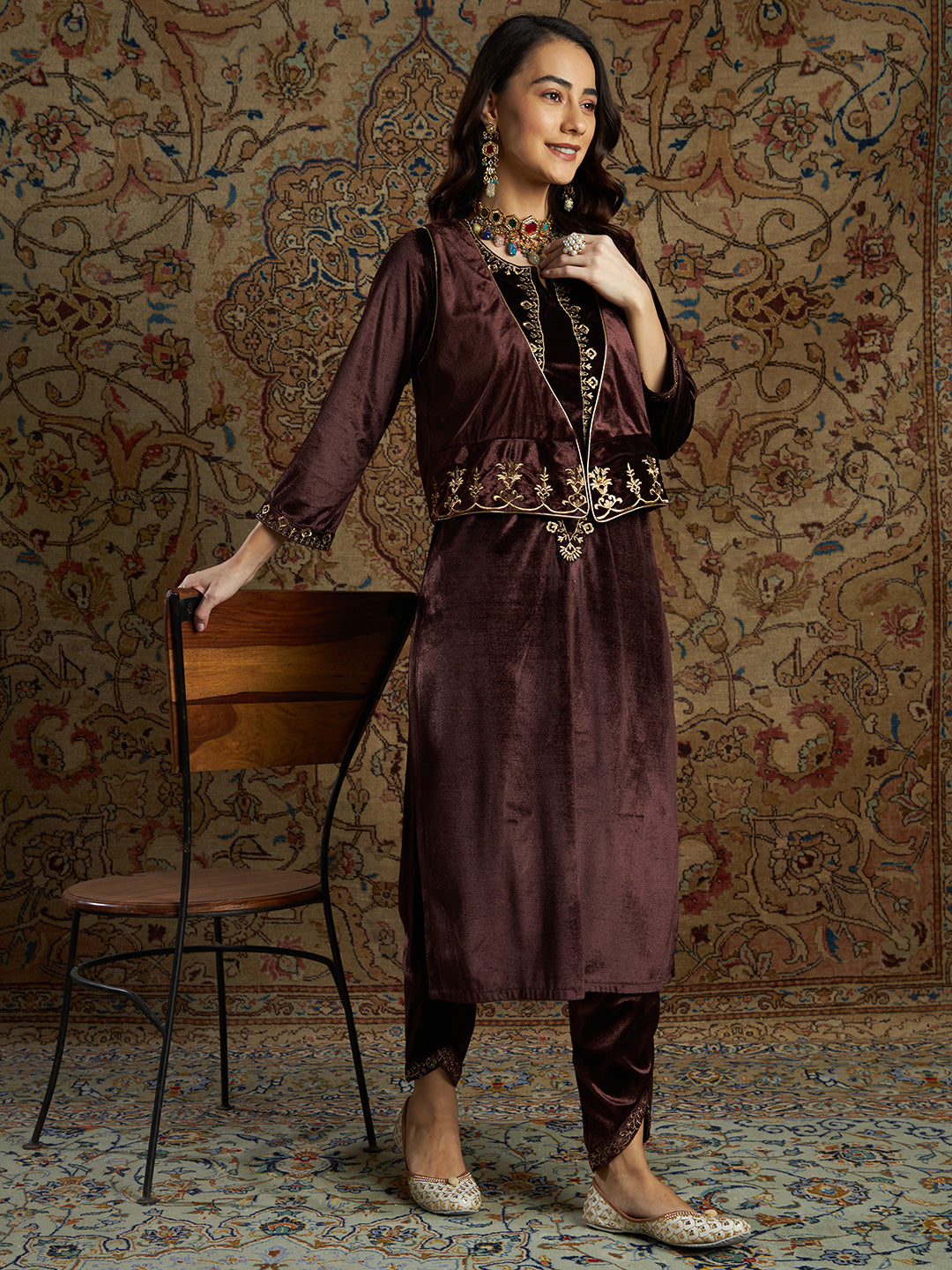 Women Brown Velvet Zari Embroidered Waistcoat