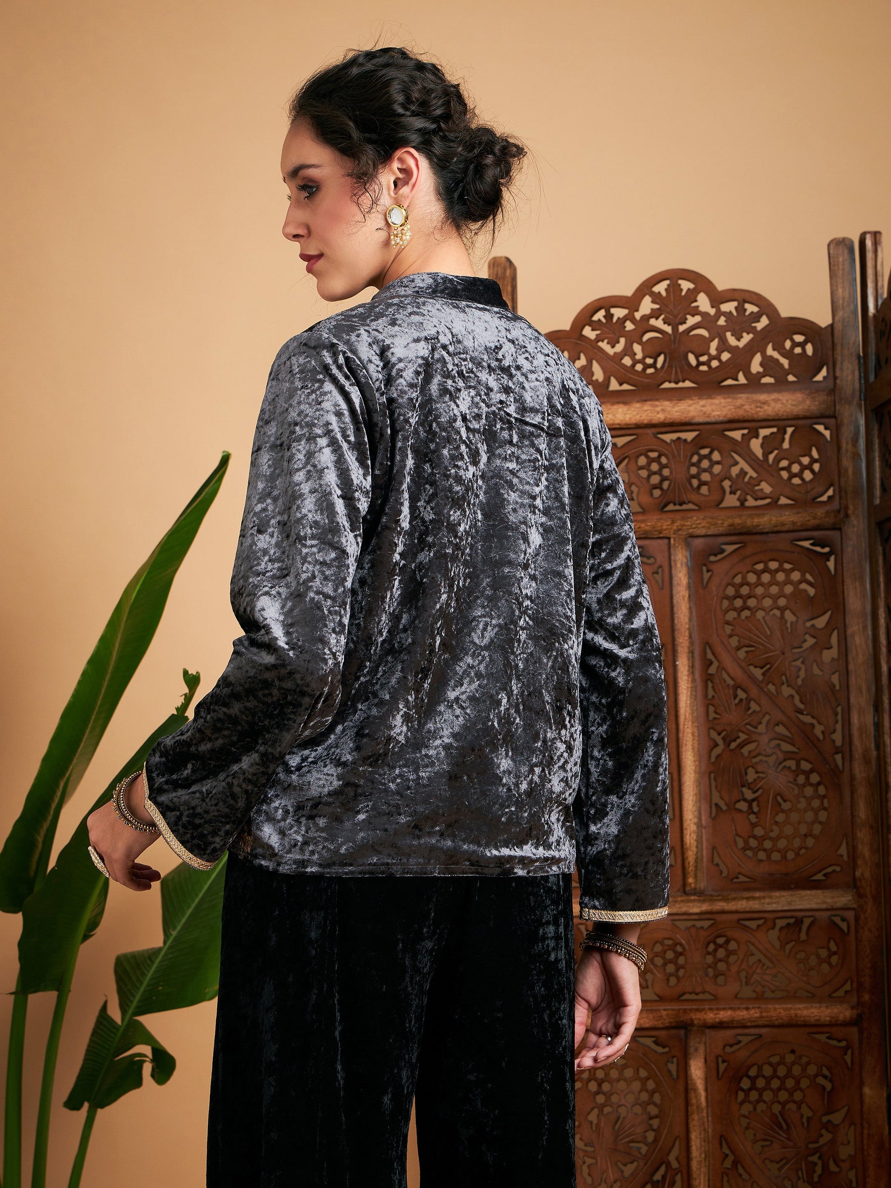 Grey Velvet Embroidered Jacket-Shae by SASSAFRAS