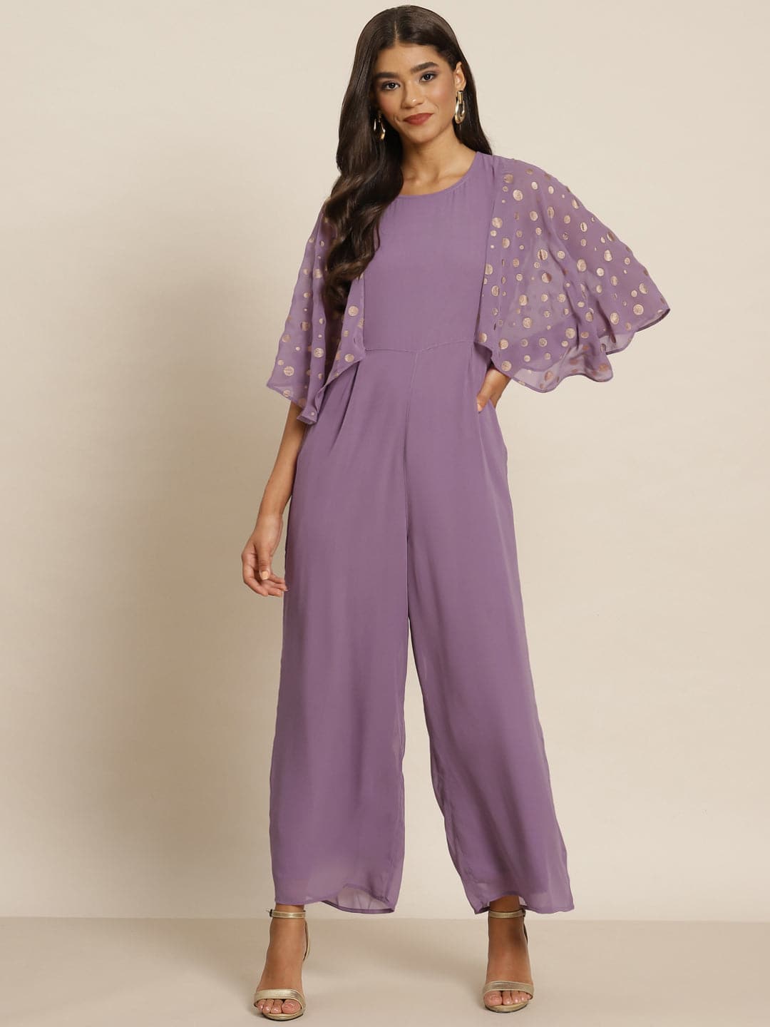 Women Purple Foil Print Flared Sleeve Jumpsuit-Jumpsuits-SASSAFRAS