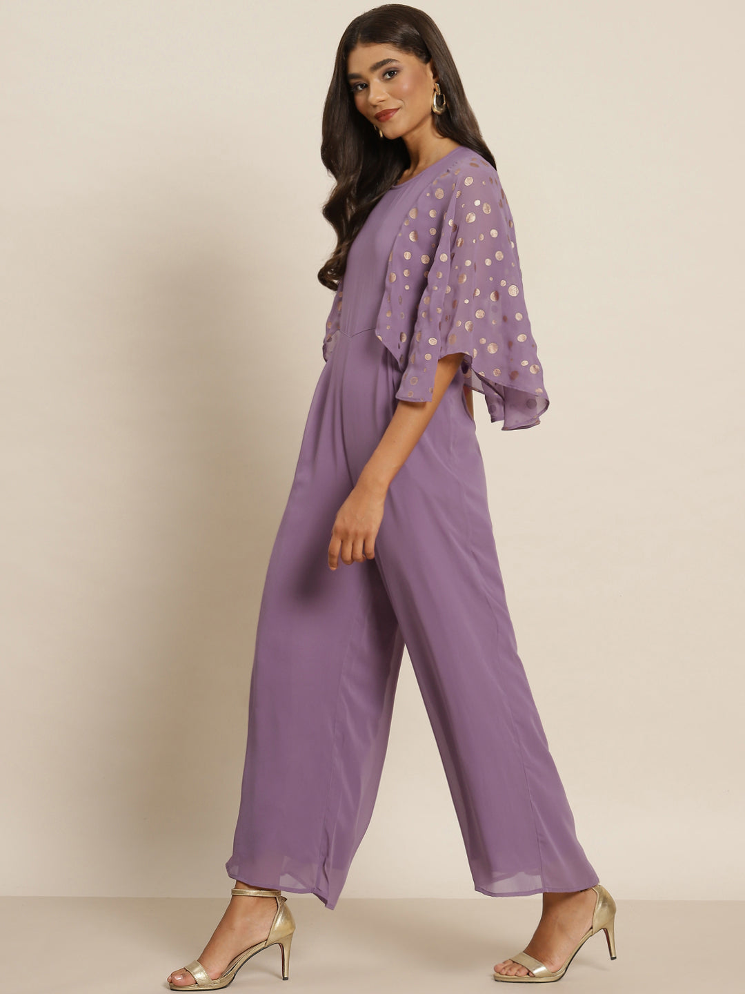 Women Purple Foil Print Flared Sleeve Jumpsuit