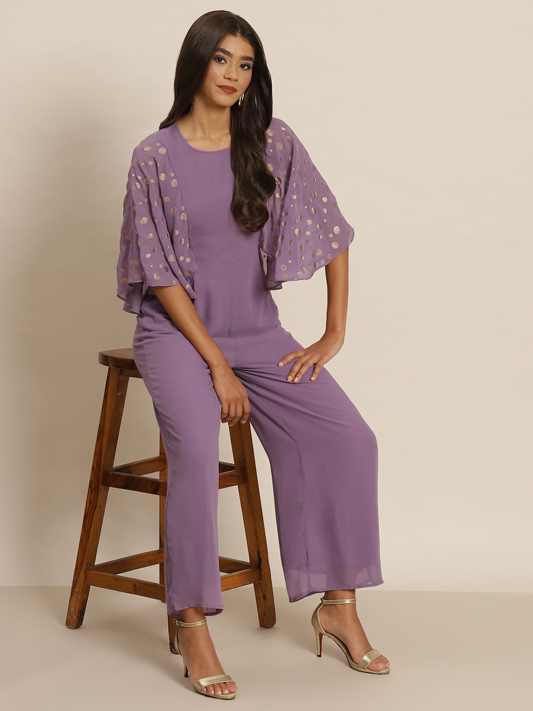 Women Purple Foil Print Flared Sleeve Jumpsuit