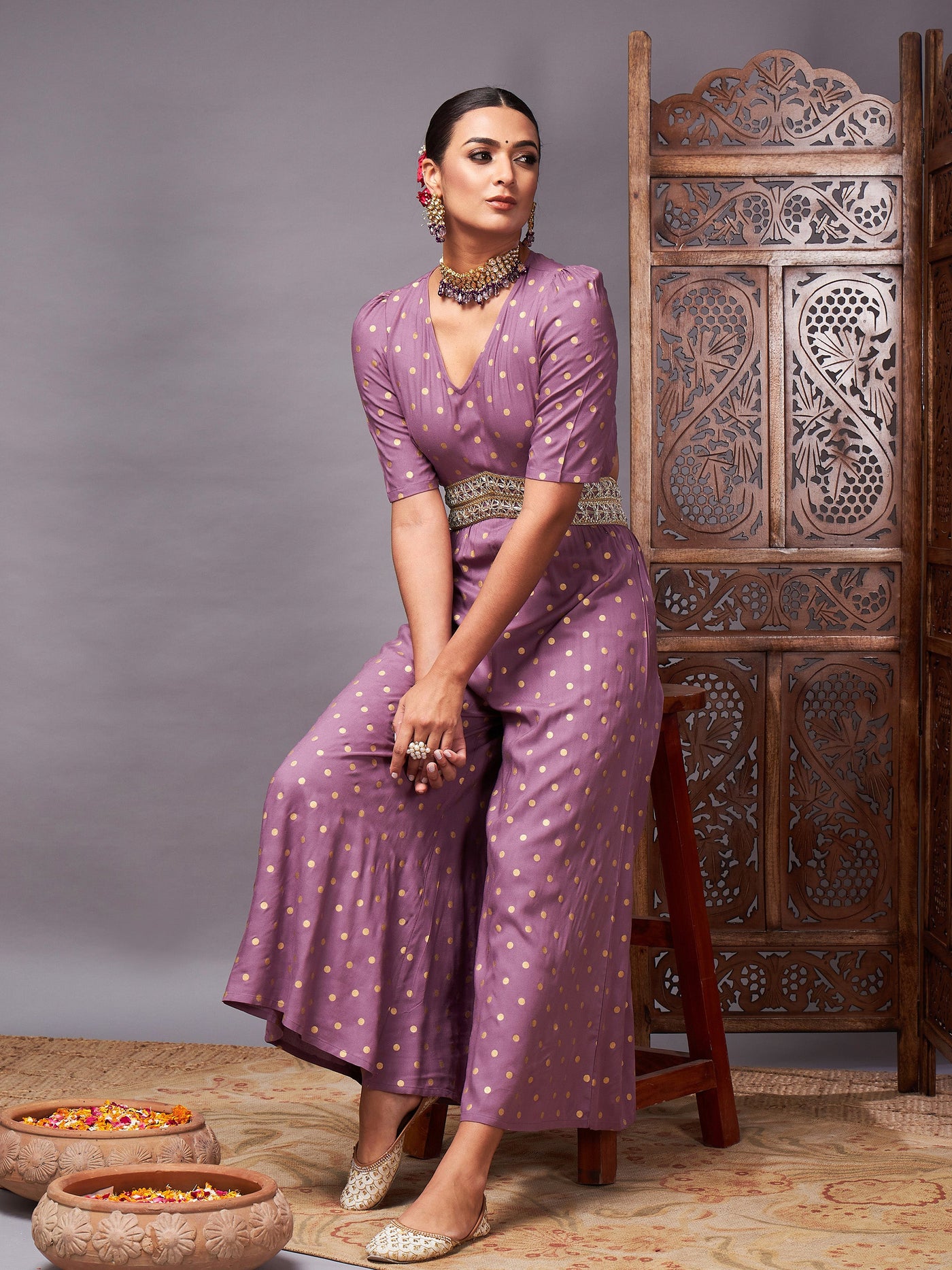 Lilac Foil Print Lace Detail Jumpsuit-Shae by SASSAFRAS