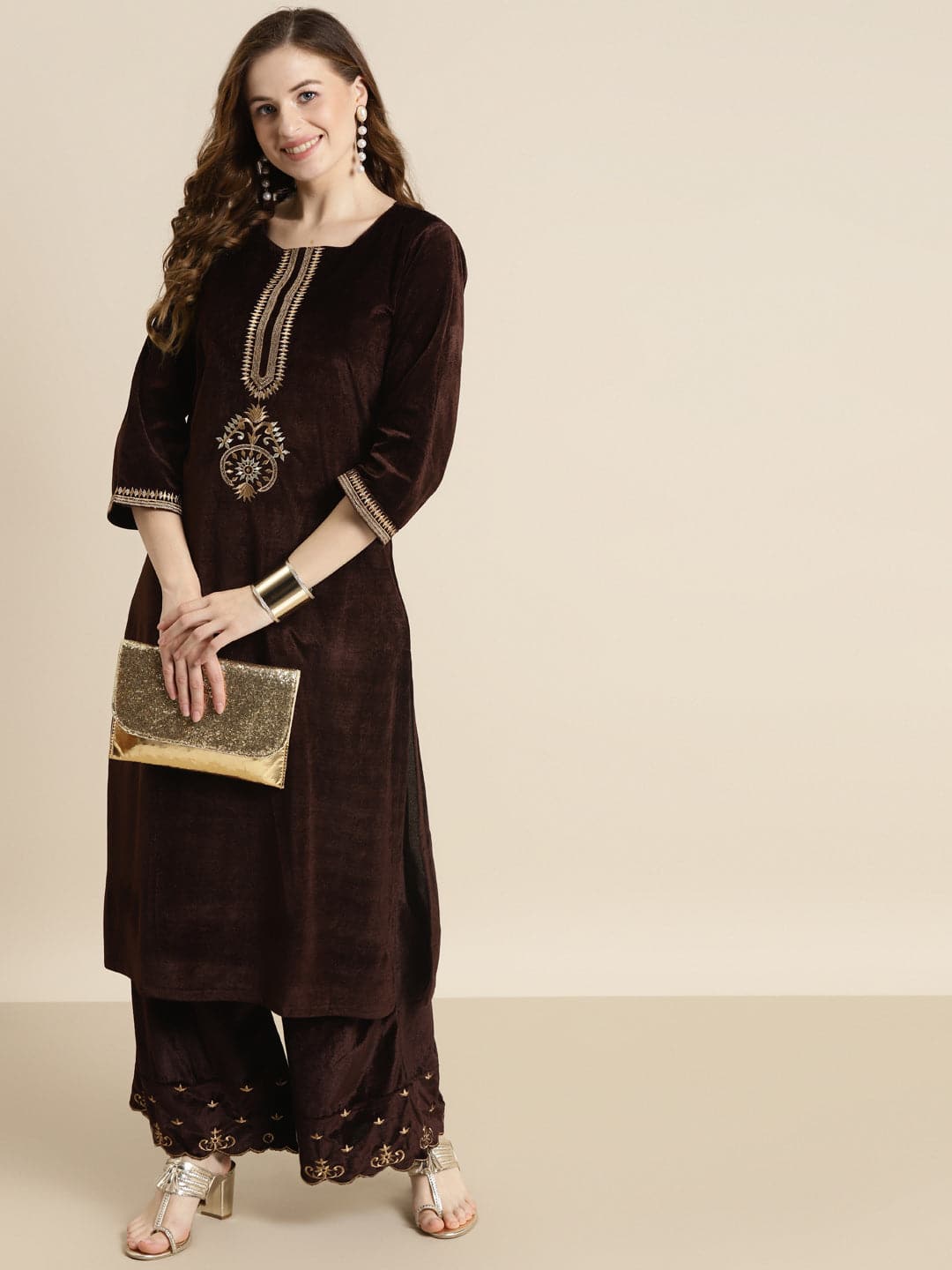 Brown Velvet Zari Embroidered Straight Kurta-Kurtas-SASSAFRAS