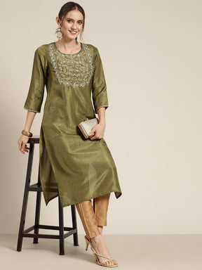 Olive Mirror Embroidered Straight Kurta Shae by SASSAFRAS