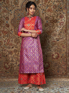 Purple & Red Brocade Straight Yoke Kurta-Shae by SASSAFRAS