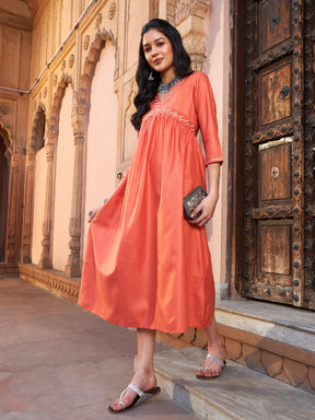 Rust Embroidered Slant Empire Seam Kurta-Shae by SASSAFRAS