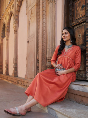 Rust Embroidered Slant Empire Seam Kurta-Shae by SASSAFRAS