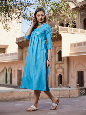 Teal Embroidered Slant Empire Seam Kurta-Shae by SASSAFRAS