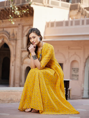 Yellow Lotus Floral Long Anarkali Kurta-Shae by SASSAFRAS