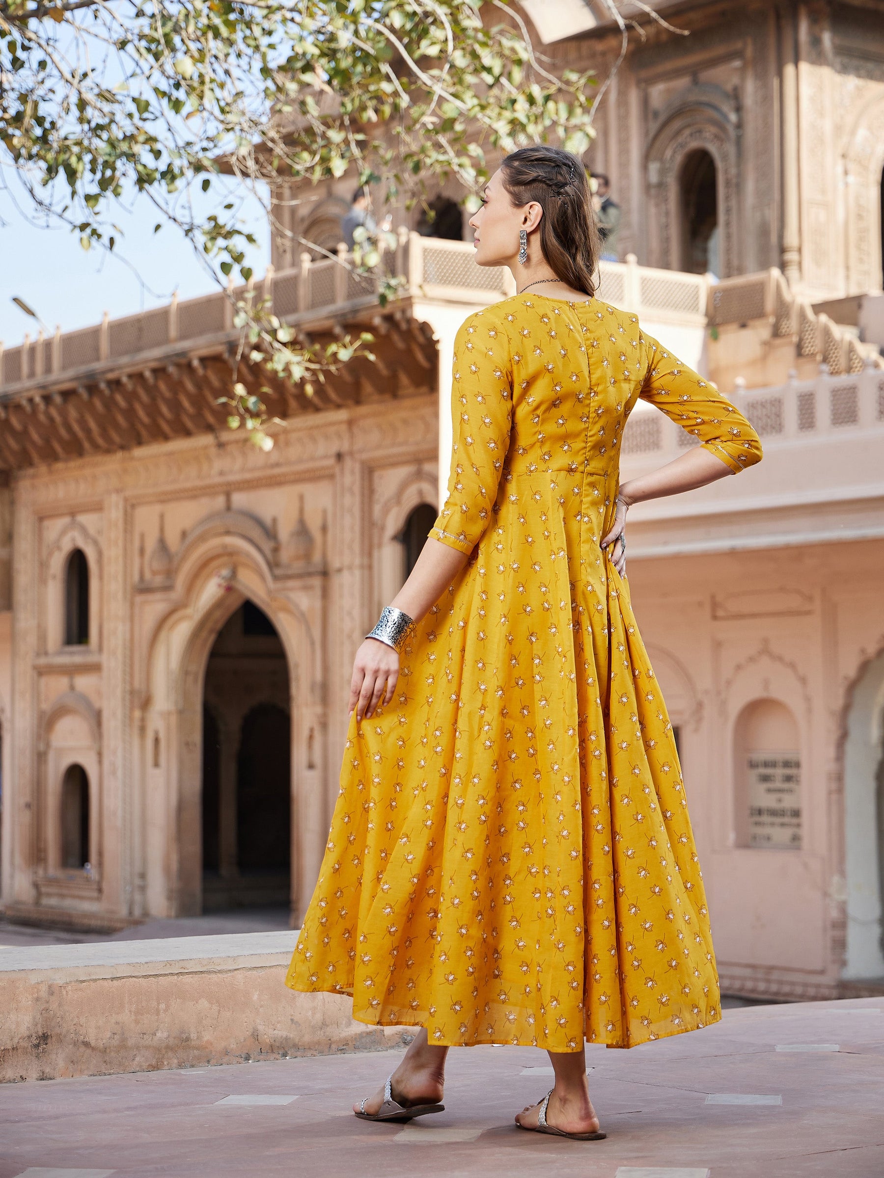 Yellow Lotus Floral Long Anarkali Kurta-Shae by SASSAFRAS