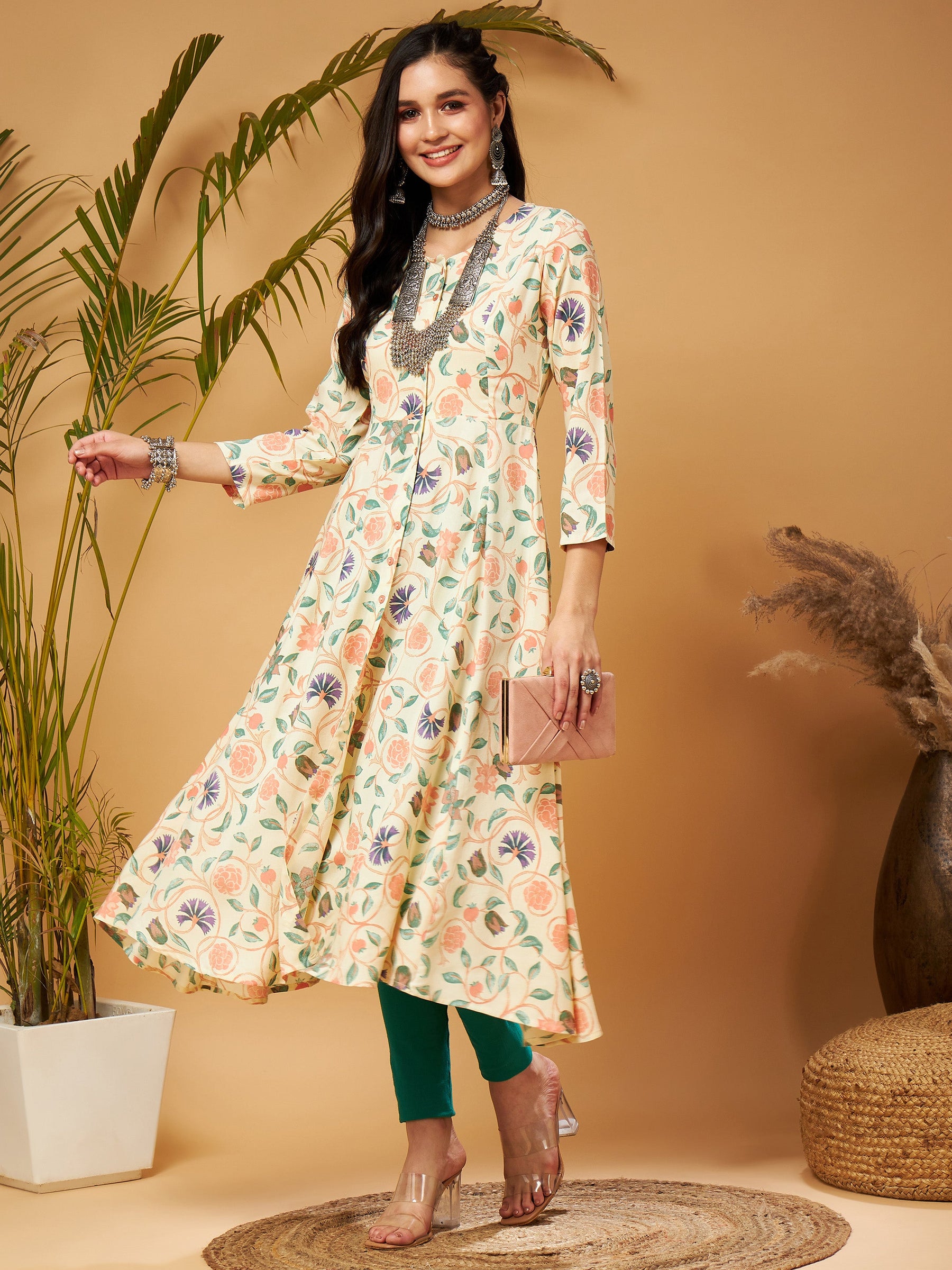 Beige floral Front Open Anarklai Kurta-Shae by SASSAFRAS