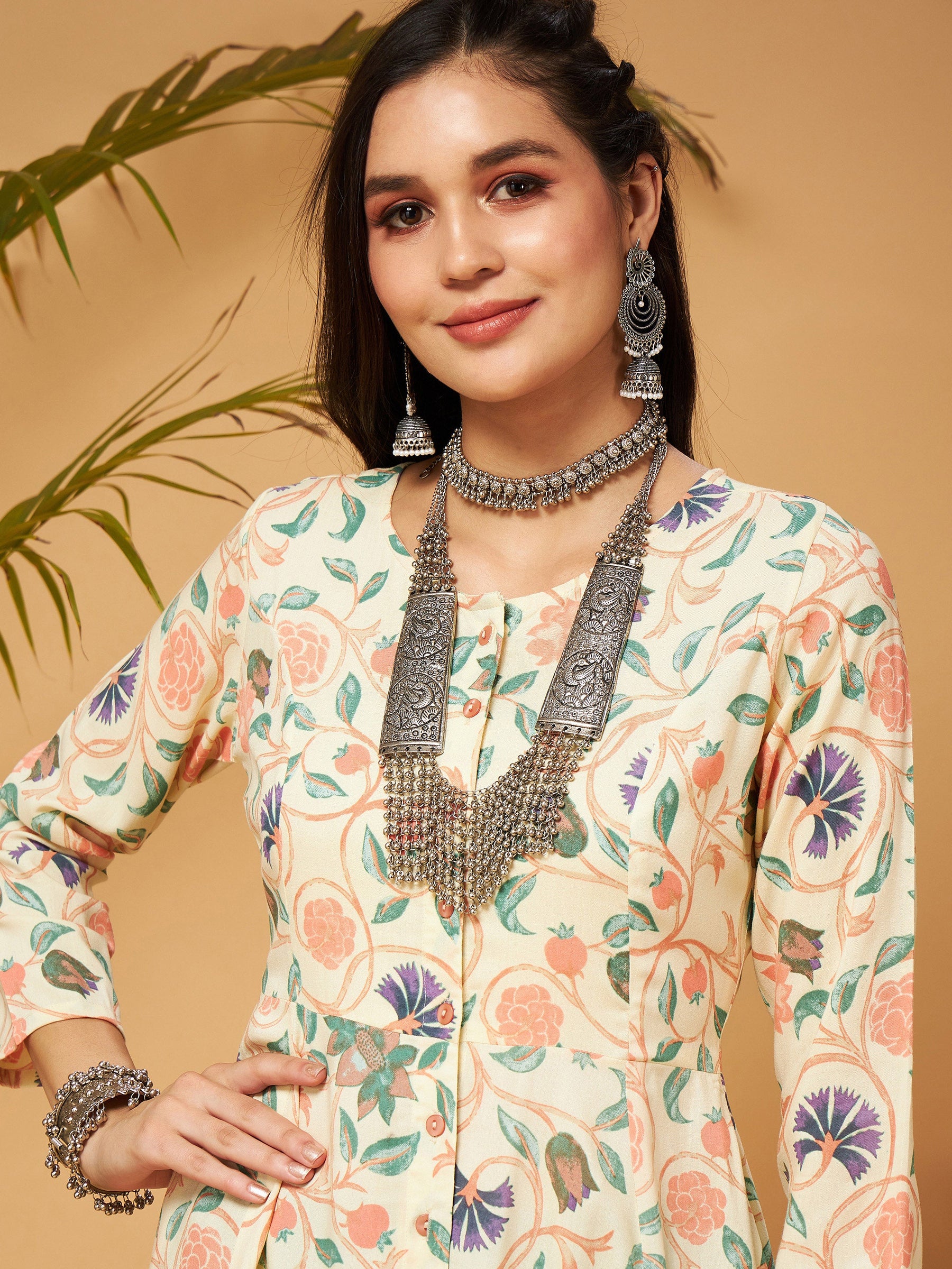 Beige floral Front Open Anarklai Kurta-Shae by SASSAFRAS