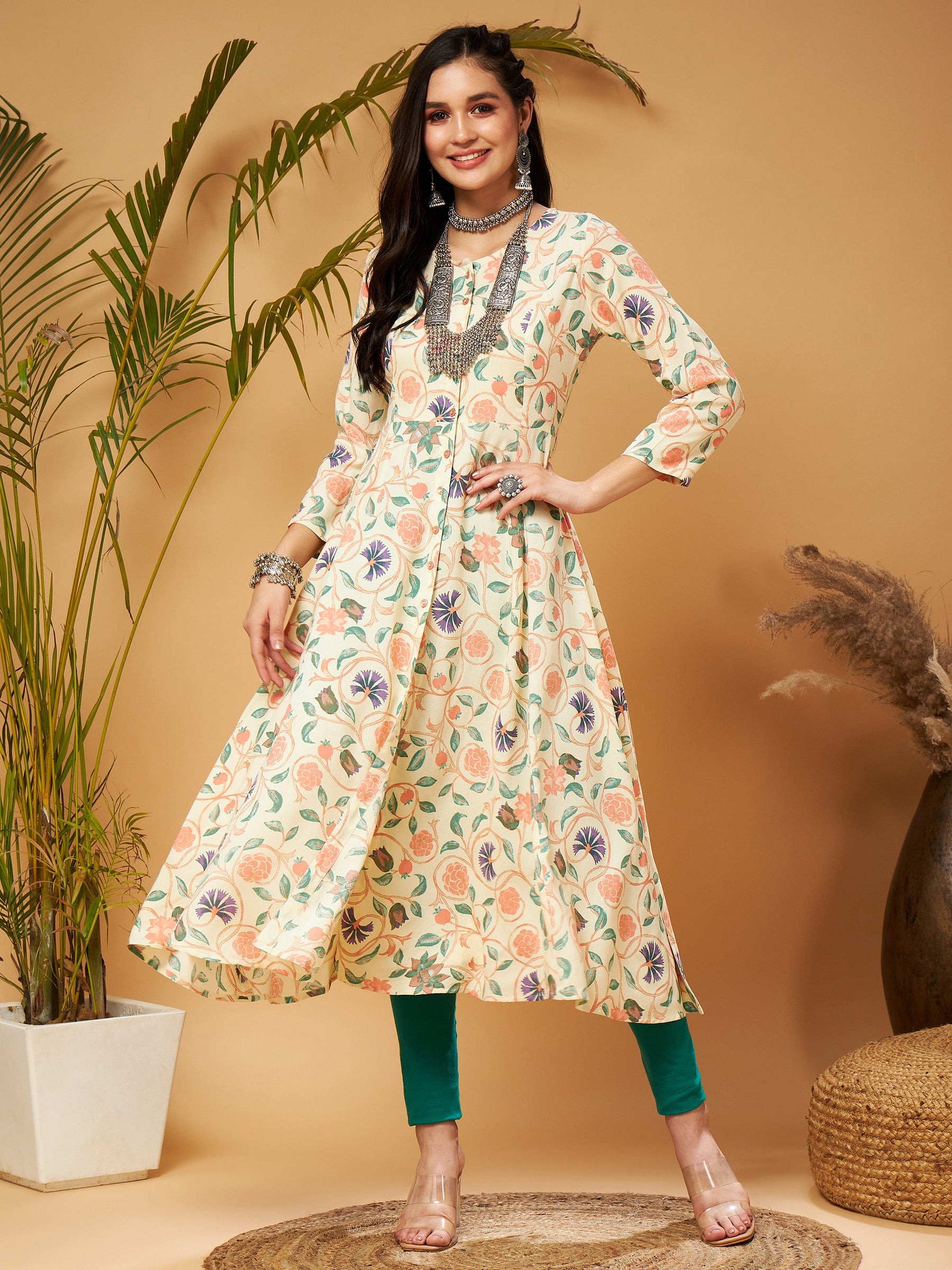 Beige floral Front Open Anarklai Kurta-Shae by SASSAFRAS