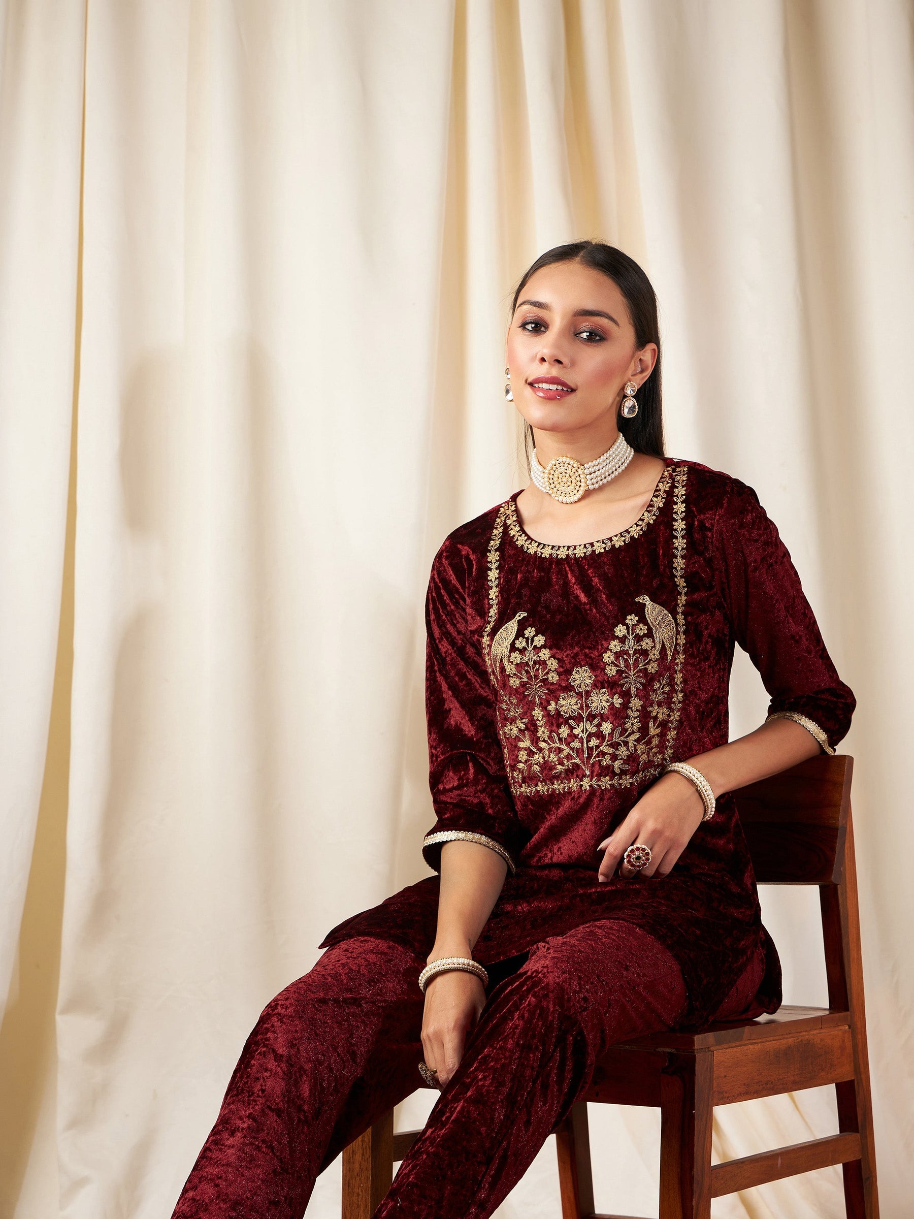 Maroon Velvet Embroidered Yoke Short Kurta-Shae by SASSAFRAS