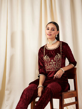 Maroon Velvet Embroidered Yoke Short Kurta-Shae by SASSAFRAS