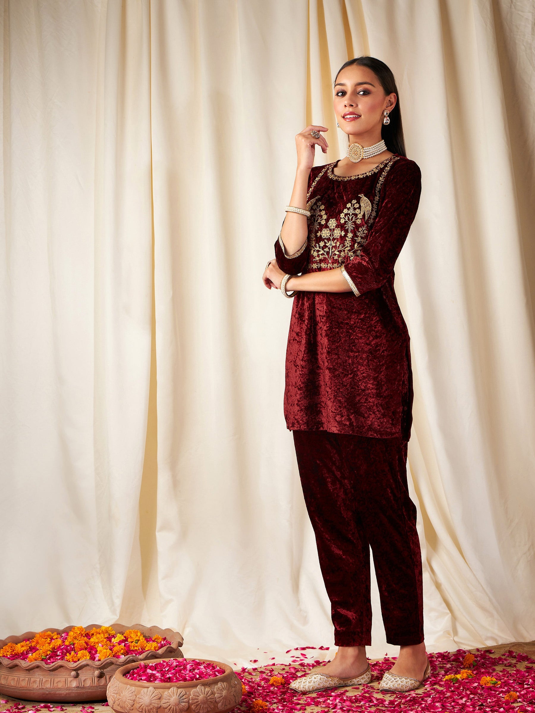 Maroon Velvet Embroidered Yoke Short Kurta-Shae by SASSAFRAS