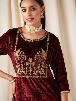 Maroon Velvet Embroidered Yoke Short Kurta-Shae by SASSAFRAS