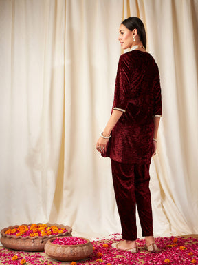 Maroon Velvet Embroidered Yoke Short Kurta-Shae by SASSAFRAS