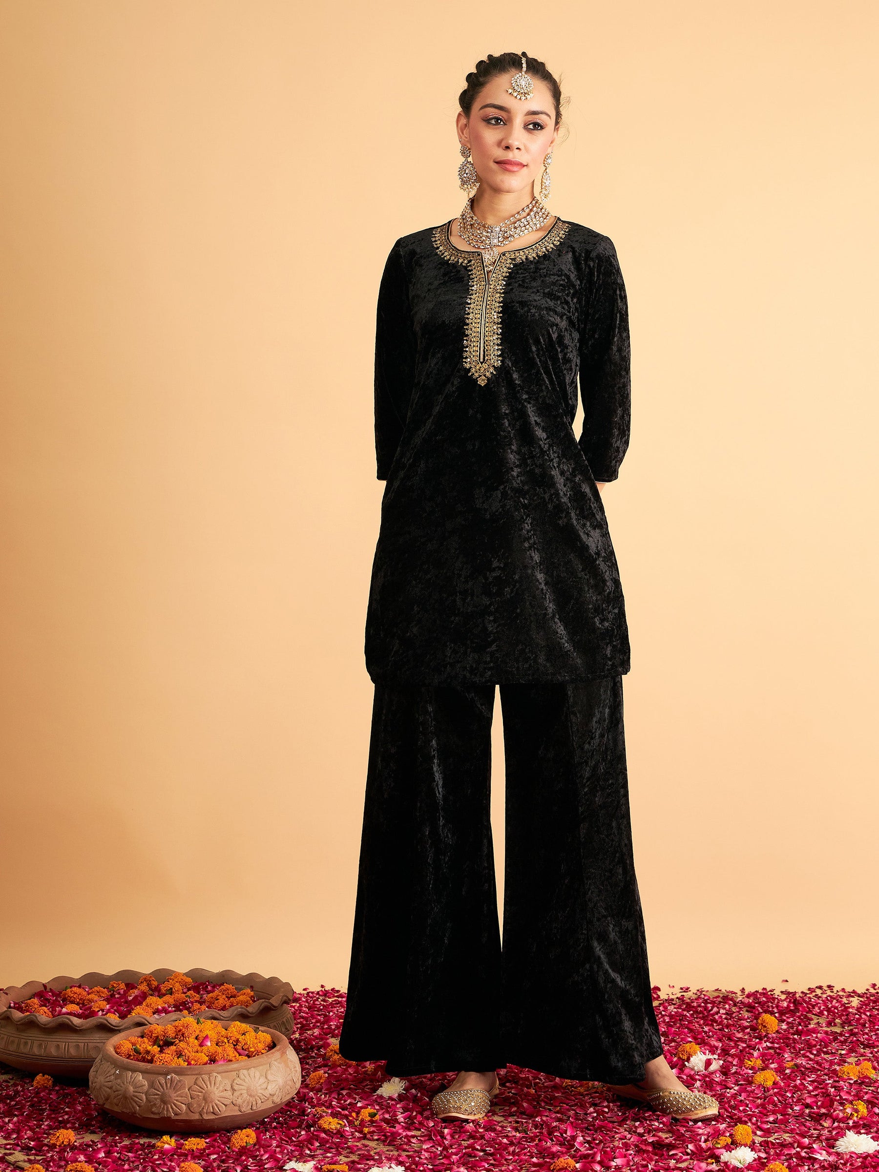 Black Velvet Sequence Embroidered Short Kurta-Shae by SASSAFRAS