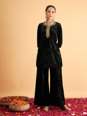 Black Velvet Sequence Embroidered Short Kurta-Shae by SASSAFRAS