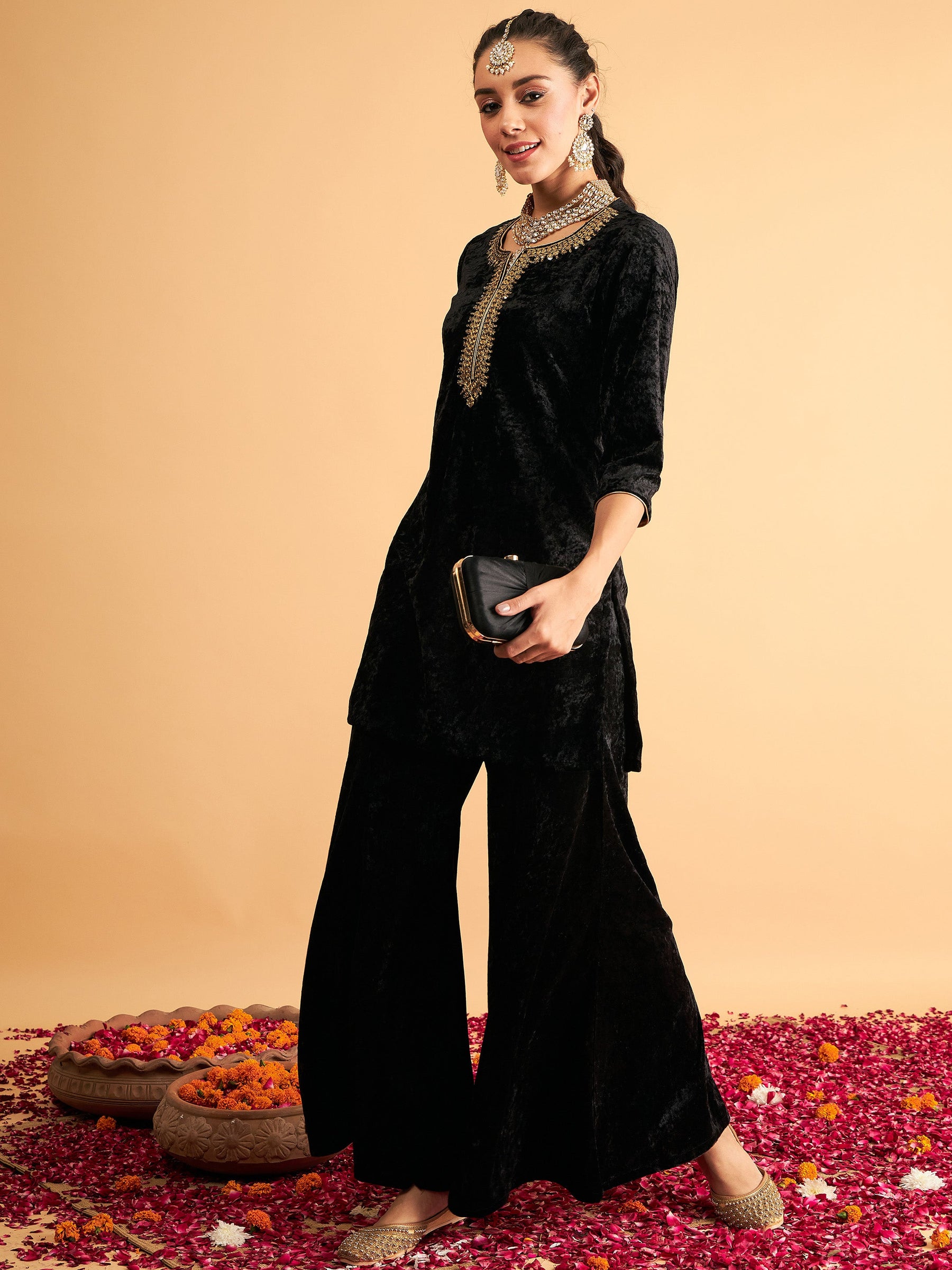 Black Velvet Sequence Embroidered Short Kurta-Shae by SASSAFRAS