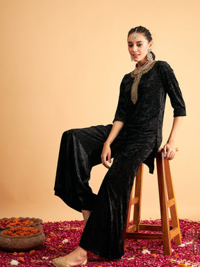 Black Velvet Sequence Embroidered Short Kurta-Shae by SASSAFRAS