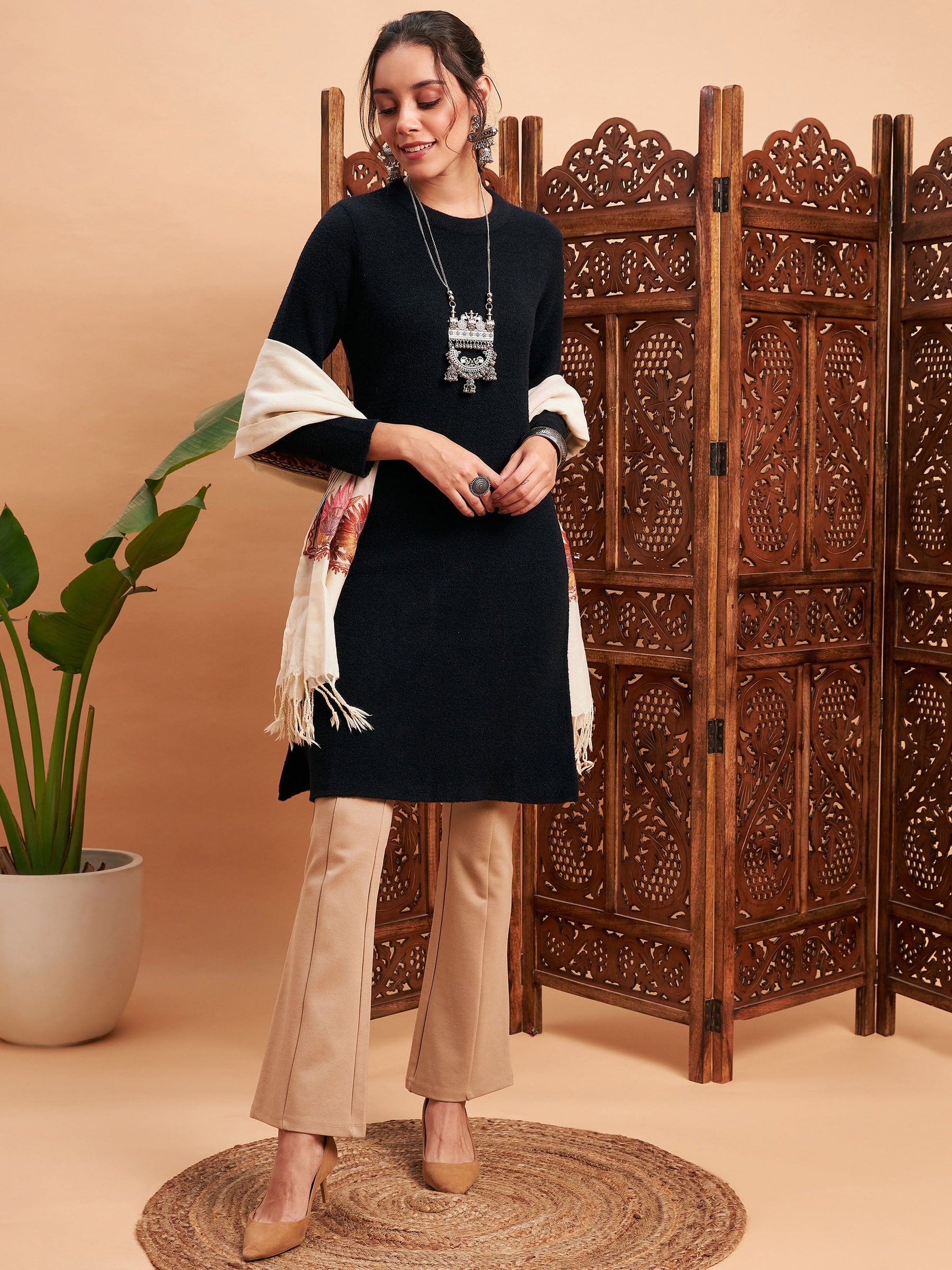 Black Solid Hair Wool Straight Kurta-Shae by SASSAFRAS