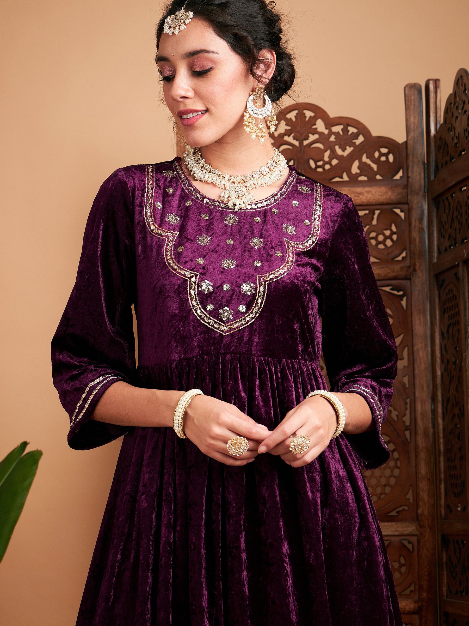 Buy Women Purple Velvet Embroidered Gathered Kurta Online at Best Price - Sassafras Buy Women Purple Velvet Embroidered Gathered Kurta Online at Best Price - Sassafras